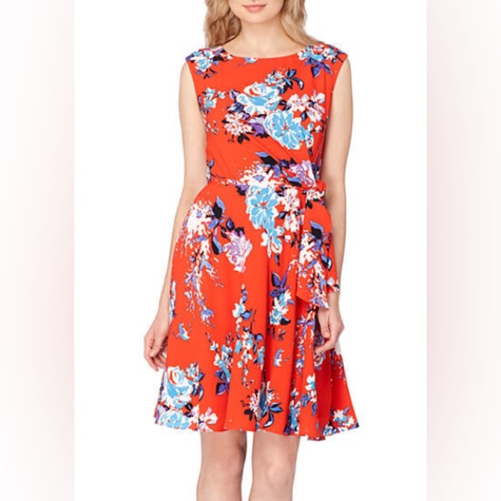 Tahari ASL Red and Blue Floral Sleeveless A-Line Dress